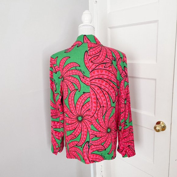 Farm Rio Linen Blazer Jacket Womens Size Small Pink Green Banana Pitta Oversized - Picture 2 of 12
